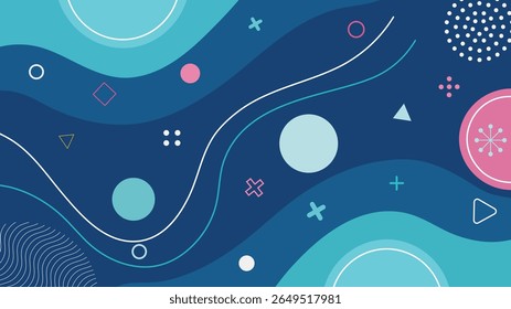 Abstract blue background with wavy shapes and geometric decorative elements