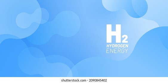 Abstract blue background for website banner in bright blue. Floating round elements and molecules with text H2 and Hydrogen energy. Template for website, mailing or print.