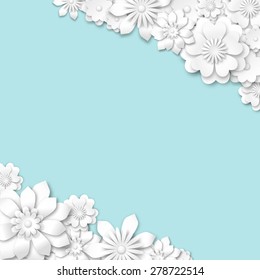 abstract blue background with white 3d flowers, vector illustration, eps 10 with transparency
