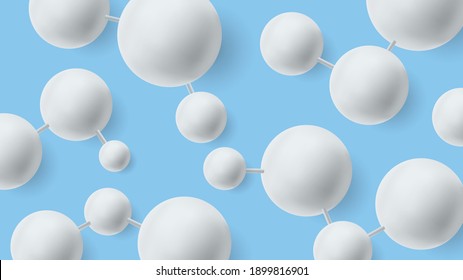 Abstract blue background with white circular 3d molecules connected with strings, biology medicine healthcare banner wallpaer