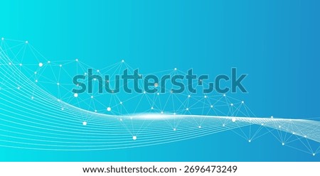 Abstract blue background with white digital network connection points and lines, forming a plexus pattern. Features a dynamic wavy line design, representing data flow and technology.