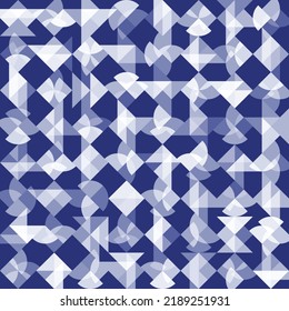 Abstract blue background with white geometric shapes in chaos.