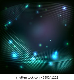 Abstract blue background with white lines and sparkles
