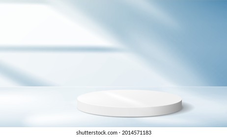 Abstract blue background with white pedestal for product demonstration.