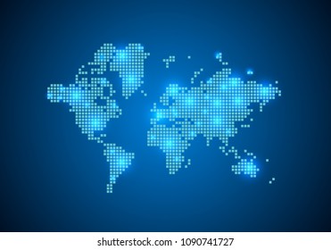 Abstract blue background with World Continents map, internet line, connected points. World Continents map with dot nodes. Global network connection concept. Wire frame 3D mesh polygonal network line.