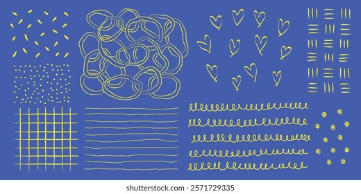 Abstract blue background with yellow doodles. Features hearts, swirls, and lines. Playful yellow doodles on blue. Vibrant yellow and blue abstract design. Hand drawn patterns, vector set.