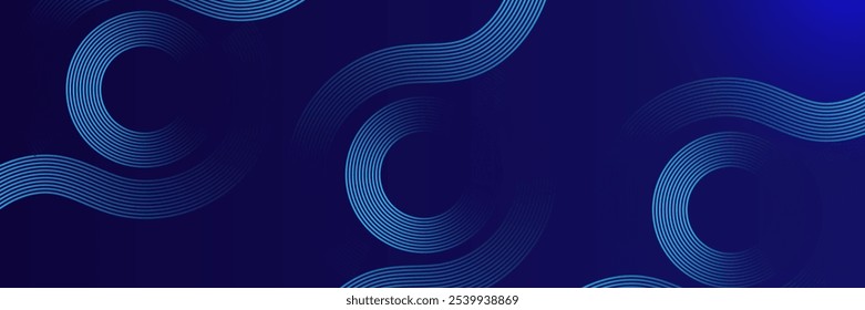 Abstract blue banner background with glowing circle lines. Geometric stripe line art design. Modern shiny blue lines