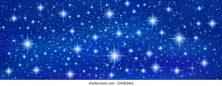 Abstract Blue banner background with sparkling twinkling stars. Cosmic shiny galaxy. Holiday blank backdrop texture for Christmas (Xmas), Happy New Year , glow milky way elements (fantasy sky)