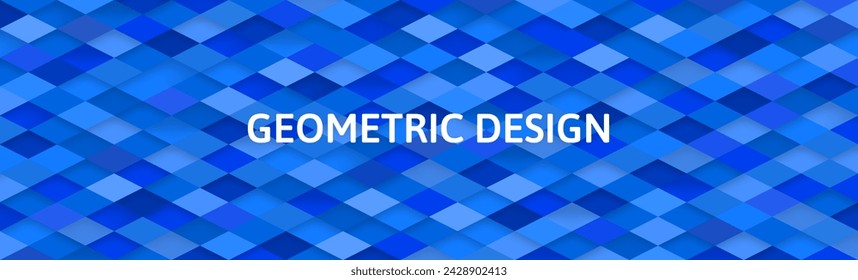 Abstract blue banner with checkered texture, trendy geometric pattern, 3d cubes, roof tiles. Multicolored mosaic background	

