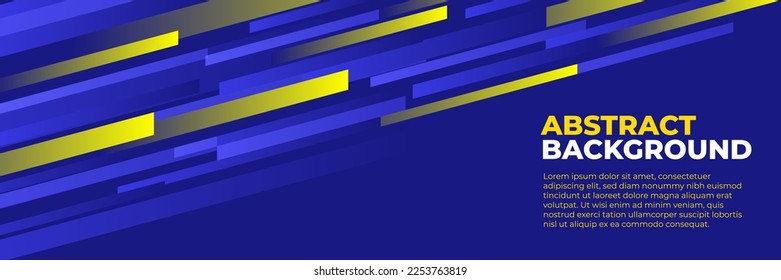 Abstract blue banner design vector, dynamic sporty horizontal background template with blue and yellow shapes for media promotion or web banner