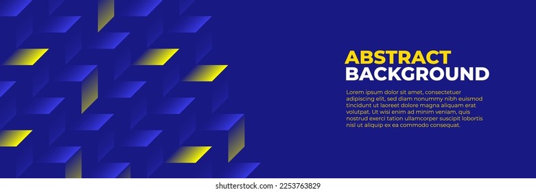 Abstract blue banner design vector, dynamic sporty horizontal background template with blue and yellow shapes for media promotion or web banner