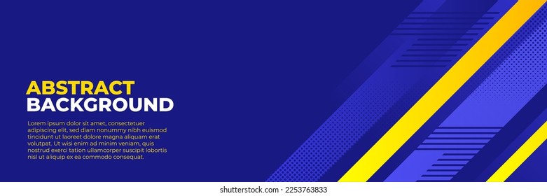 Abstract blue banner design vector, dynamic sporty horizontal background template with blue and yellow shapes for media promotion or web banner