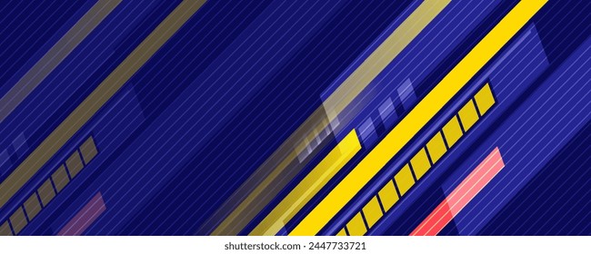 Abstract blue banner design vector, dynamic sporty horizontal background template with blue and yellow shapes for media promotion or web banner