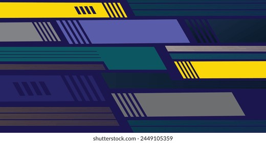 Abstract blue banner design vector, dynamic sporty horizontal background template with blue and yellow shapes for media promotion or web banner