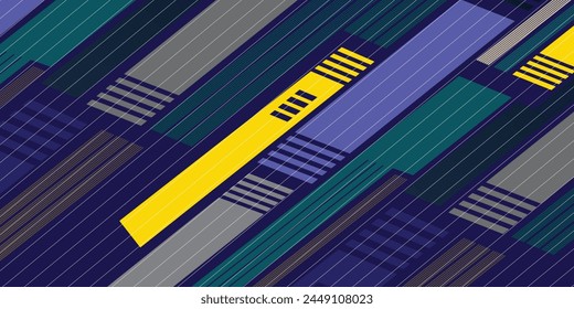 Abstract blue banner design vector, dynamic sporty horizontal background template with blue and yellow shapes for media promotion or web banner