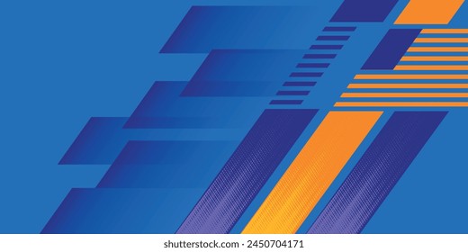 Abstract blue banner design vector, dynamic sporty horizontal background template with blue and yellow shapes for media promotion or web banner