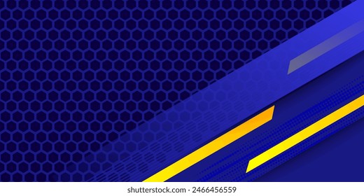 Abstract blue banner design vector, dynamic sporty horizontal background template with blue and yellow shapes for media promotion or web banner