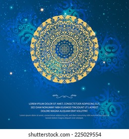 Abstract blue bbrochure. Beautiful ethnic floral ornament. Vector illustration. Brochure design template with sample text.