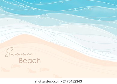 Abstract blue beach watercolor waves background. Summer beach banner. Watercolor texture. Summer sea poster template. Sea waves abstract backgrounds. Turquoise rippled water texture background.