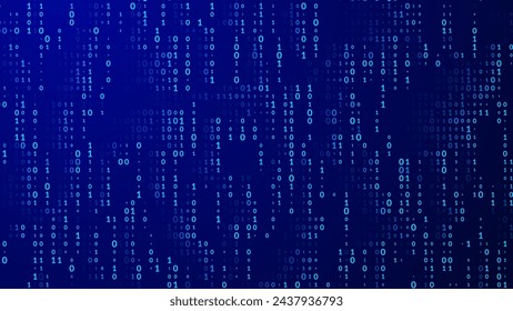 Abstract Blue Binary Software Programming Code Background. Random Parts of Program Code. Digital Data Technology Concept. Random Binary Data Matrix Wide Vector Illustration.