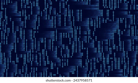 Resumen Fondo de código de programación de software binario azul. Partes aleatorias del código de programa. Concepto de tecnología de datos digitales. Ilustración vectorial amplia de la matriz de datos binarios al azar.