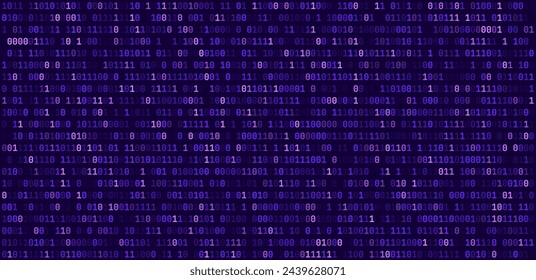 Resumen Fondo de código de programación de software binario azul. Partes aleatorias del código de programa. Concepto de tecnología de datos digitales. Ilustración vectorial amplia de la matriz de datos binarios al azar.