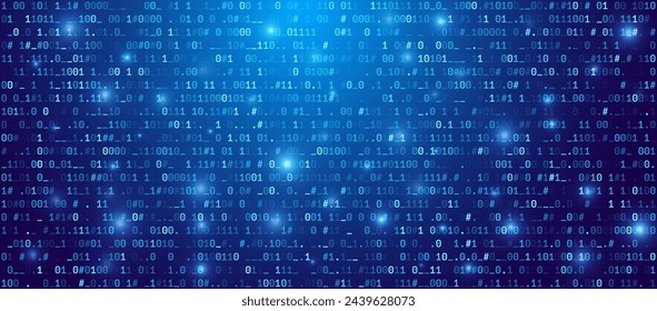 Abstract Blue Binary Software Programming Code Background. Random Parts of Program Code. Digital Data Technology Concept. Random Binary Data Matrix Wide Vector Illustration.