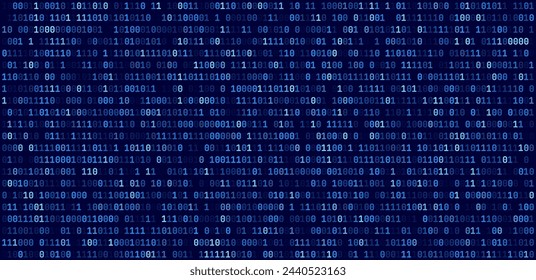 Abstract Blue Binary Software Programming Code Background. Random Parts of Program Code. Digital Data Technology Concept. Random Binary Data Matrix Wide Vector Illustration.
