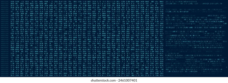 Abstract Blue Binary Software Programming Code Background. Random Parts of Program Code. Digital Data Technology Concept. Random Binary Data Matrix Wide Cyber Vector Illustration.