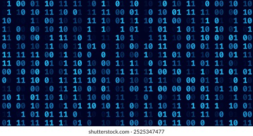 Abstract Blue Binary Software Programming Code Background. Random Parts of Program Code. Digital Data Technology Concept. Random Binary Data Matrix Wide Vector Illustration.