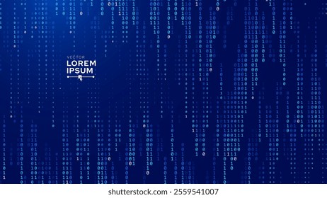 Abstract Blue Binary Software Programming Code Background. Random Parts of Program Code. Digital Data Technology Concept. Random Binary Data Matrix Wide Vector Illustration.