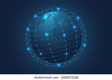 Abstract Blue Binary world map with Polygonal Space Background with Connecting Dots and Lines. Global Business Concept.