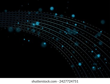 Fondo negro azul abstracto con líneas punteadas y luces bokeh. Diseño vectorial