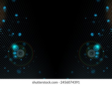 Abstract blue black background with lines and shiny bokeh lights. Vector design