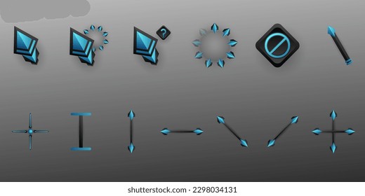 Abstract blue and black custom mouse cursor gui icons set