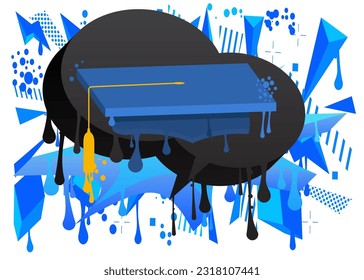 Abstract blue and black graffiti Graduation Cap Background. Modern street art Education, Graduate decoration performed in urban painting style.