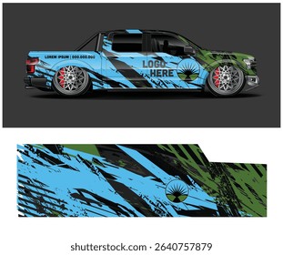 Abstract blue, black, and green truck wrap design template. Perfect for racing or off-road vehicles.