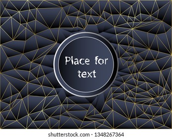 Abstract blue and black polygon background with gold lines. Vector geometric texture, with space for text.
