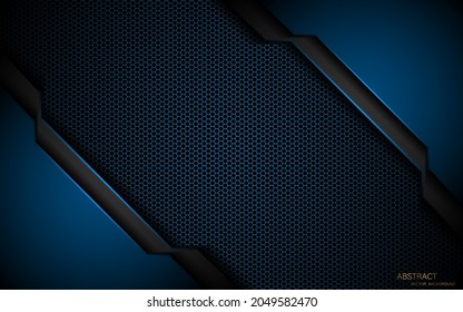 Abstract blue and black polyhedron on dark steel mesh background with free space for design.Modern technology innovation concept background.
