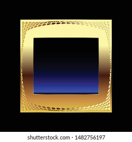 Abstract blue and black square background with a textured golden frame. Vector illustration