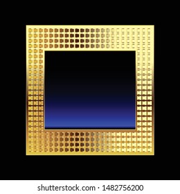 Abstract blue and black square background with a textured golden frame. Vector illustration