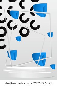 Abstract Blue, Black and White cylinder pedestal podium. Mockup Stage showcase. Product display for presentation. Vector scene with minimal geometric forms.