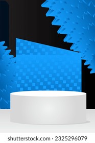 Abstract Blue, Black and White cylinder pedestal podium. Mockup Stage showcase. Product display for presentation. Vector scene with minimal geometric forms.