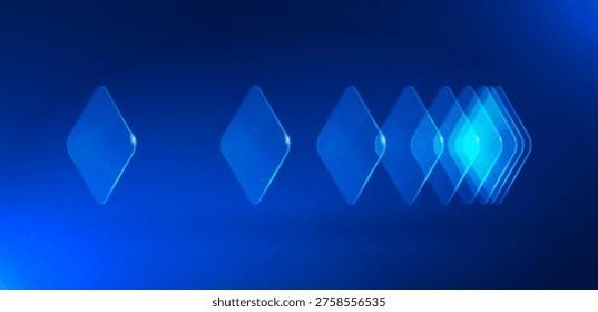 Abstract blue blocks move forward. Dynamic digital technology background shows fast data flow, scalable systems. Futuristic transparent shapes, minimal design. Progress concept for AI, business.