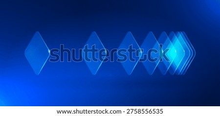 Abstract blue blocks move forward. Dynamic digital technology background shows fast data flow, scalable systems. Futuristic transparent shapes, minimal design. Progress concept for AI, business.