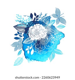 Abstract blue blot and flowers. Vector illustration