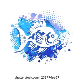 Abstract blue blot and white fish . hand drawing. Not AI, Illustrat3. Vector illustration
