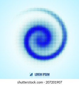 abstract blue blurred modern, flowing curve decorative background with halftone, geometric element, spiral, stream, swirl, dots and vortex