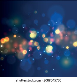 Resumen de fondo azul bokeh con círculos desenfocados y brillo. Elemento de decoración para las vacaciones de Navidad y Año Nuevo, tarjetas de felicitación, banners web, carteles - Ilustración vectorial