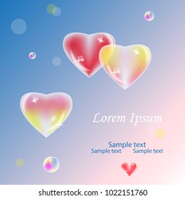 Abstract blue bokeh background with flying soap bubbles in the shape of a heart.Pink sky, colorful balloons with glare and shine from the sun.Space for text.Spring,summer banner,invitation,birthday
